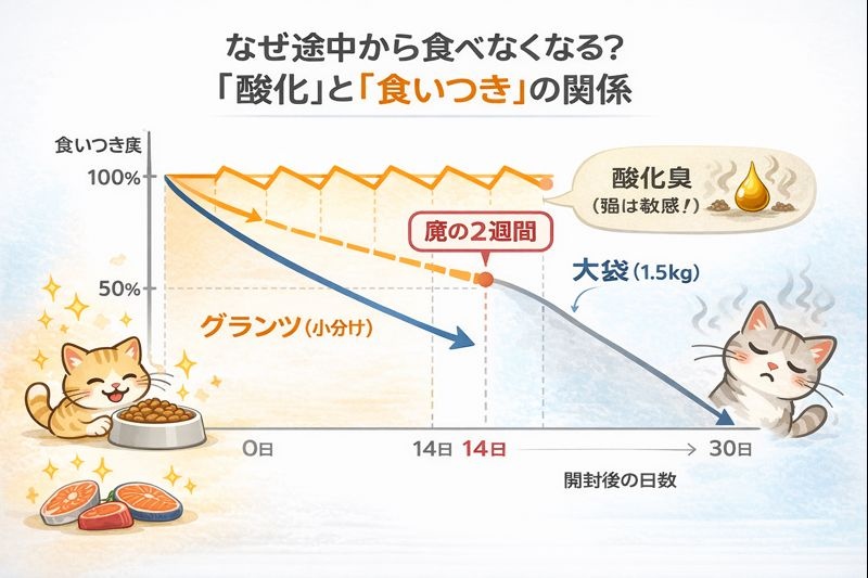 キャットフードの開封後日数と食いつきの低下を示すグラフ。大袋は2週間で食いつきが落ちるが、小分けパックは鮮度が維持される。